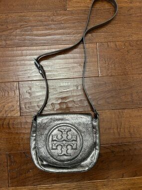 Tory Burch Metallic Gunmetal Leather Crossbody Bag